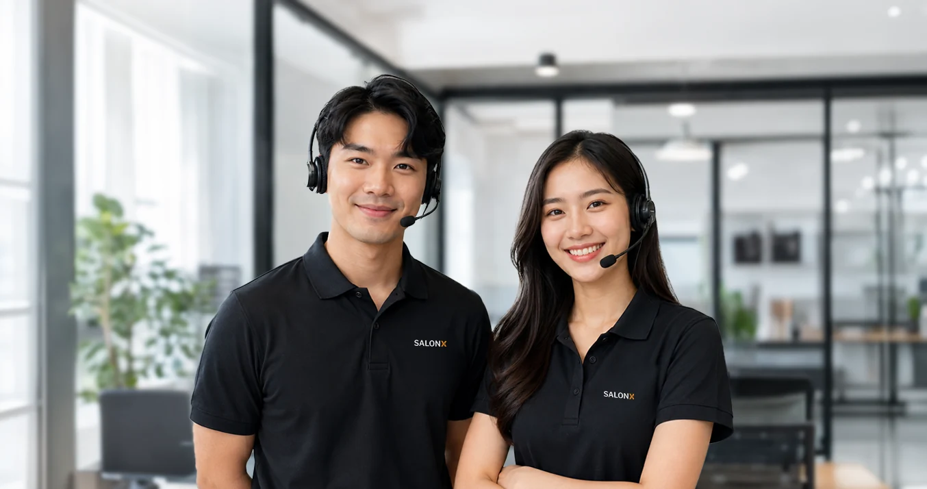 ทีมงาน SalonX สองคนสวมเฮดเซ็ต ยืนอยู่ในออฟฟิศ พร้อมช่วยเลือกแพ็กเกจให้ร้าน